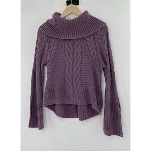 Express Women’s Purple Cable Knit Cowl Neck Pullover Sweater Size SP Slit Sleeve
